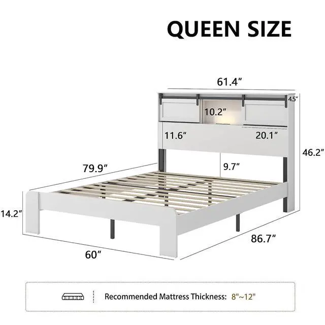 Alt view image 2 of 7 - Queen Size Wooden Bed, Metal Platform Bedframe with Charging Station and Sliding Barn Door Storage Headboard, Double Bed with Nightlight, No Need for Box Spring, No Noise, Easy to Assemble, White