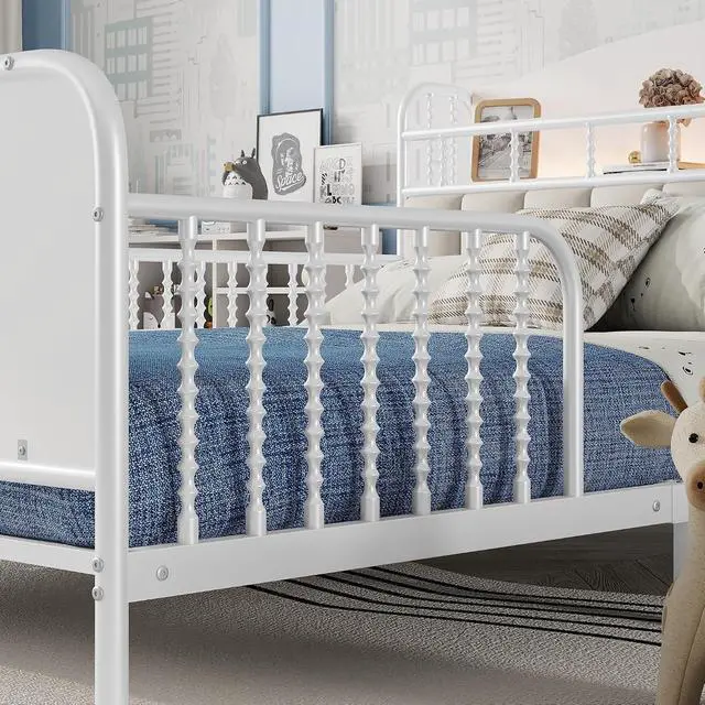 Alt view image 5 of 7 - Full Metal Bed Frame with Soft Velvet Upholstered Headboard, Low Profile Platform Bed Frame with Headboard Storage Shelf and Light, Double Bed with Footboard and Guardrails, Noise Free, White