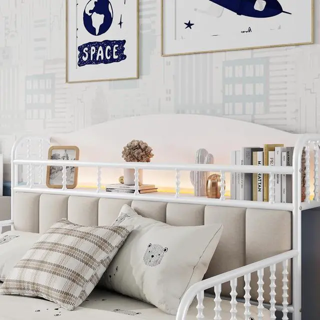 Alt view image 6 of 7 - Full Metal Bed Frame with Soft Velvet Upholstered Headboard, Low Profile Platform Bed Frame with Headboard Storage Shelf and Light, Double Bed with Footboard and Guardrails, Noise Free, White