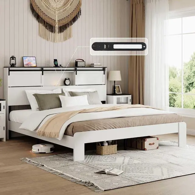 Main image of King Size Wooden Bed, Metal Platform Bedframe with Charging Station and Sliding Barn Door Storage Headboard, Double Bed with Nightlight, No Need for Box Spring, No Noise, Easy to Assemble, White
