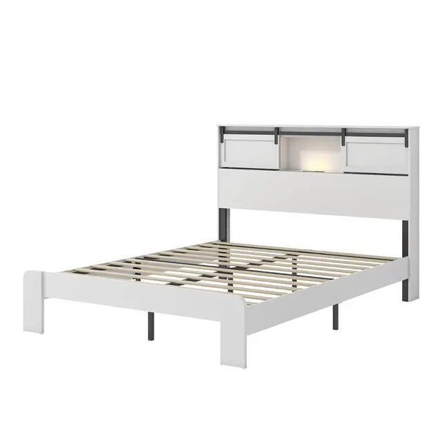 Alt view image 7 of 7 - Queen Size Wooden Bed, Metal Platform Bedframe with Charging Station and Sliding Barn Door Storage Headboard, Double Bed with Nightlight, No Need for Box Spring, No Noise, Easy to Assemble, White
