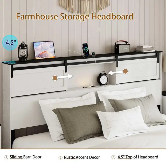 Alt view image 3 of 7 - King Size Wooden Bed, Metal Platform Bedframe with Charging Station and Sliding Barn Door Storage Headboard, Double Bed with Nightlight, No Need for Box Spring, No Noise, Easy to Assemble, White