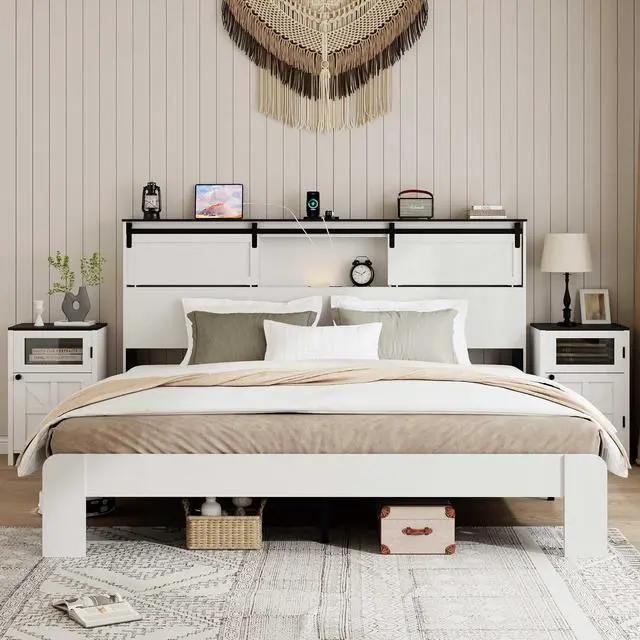 Alt view image 6 of 7 - King Size Wooden Bed, Metal Platform Bedframe with Charging Station and Sliding Barn Door Storage Headboard, Double Bed with Nightlight, No Need for Box Spring, No Noise, Easy to Assemble, White