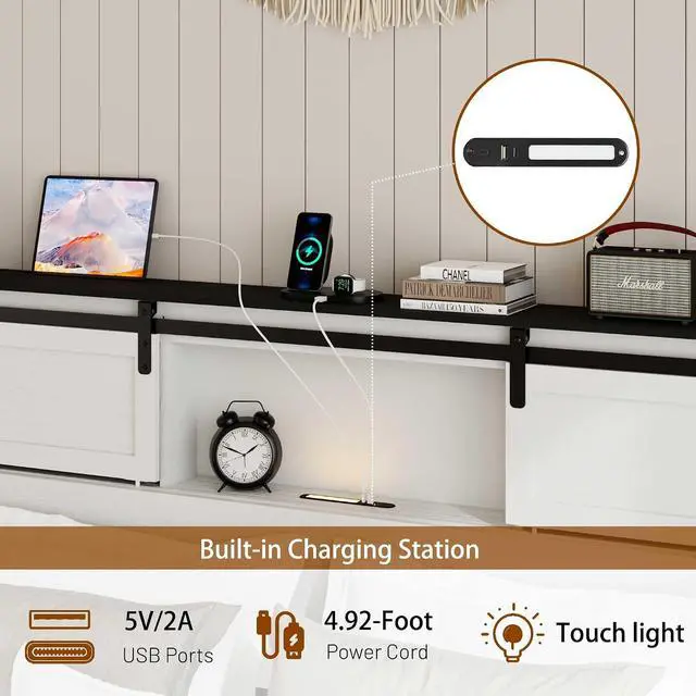 Alt view image 4 of 7 - King Size Wooden Bed, Metal Platform Bedframe with Charging Station and Sliding Barn Door Storage Headboard, Double Bed with Nightlight, No Need for Box Spring, No Noise, Easy to Assemble, White