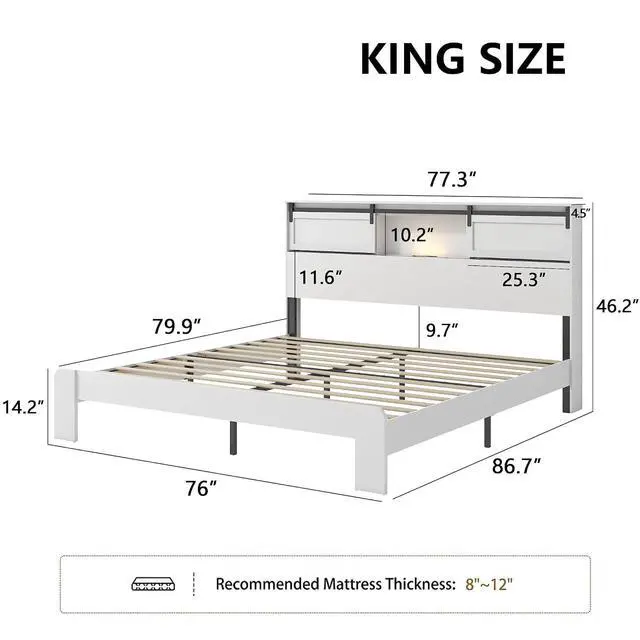 Alt view image 2 of 7 - King Size Wooden Bed, Metal Platform Bedframe with Charging Station and Sliding Barn Door Storage Headboard, Double Bed with Nightlight, No Need for Box Spring, No Noise, Easy to Assemble, White