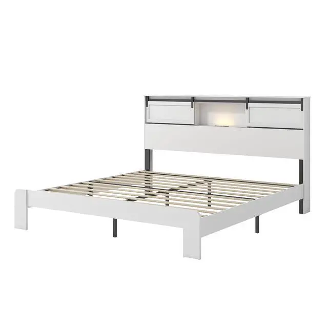 Alt view image 7 of 7 - King Size Wooden Bed, Metal Platform Bedframe with Charging Station and Sliding Barn Door Storage Headboard, Double Bed with Nightlight, No Need for Box Spring, No Noise, Easy to Assemble, White
