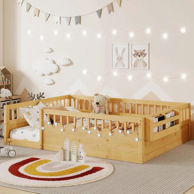 Main image of Full Floor Bed with High Rails, Wood Montessori Bed Frame with Storage Shelf and Light, No Box Spring Needed, Easy Assembly, Natural