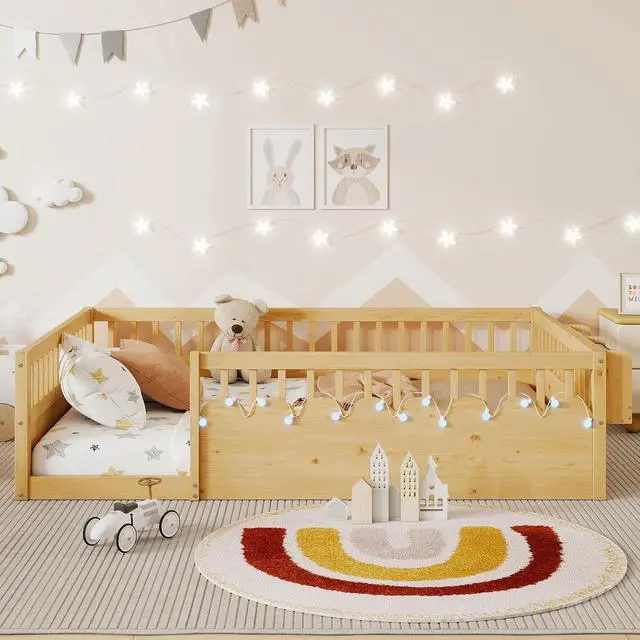 Alt view image 2 of 7 - Full Floor Bed with High Rails, Wood Montessori Bed Frame with Storage Shelf and Light, No Box Spring Needed, Easy Assembly, Natural