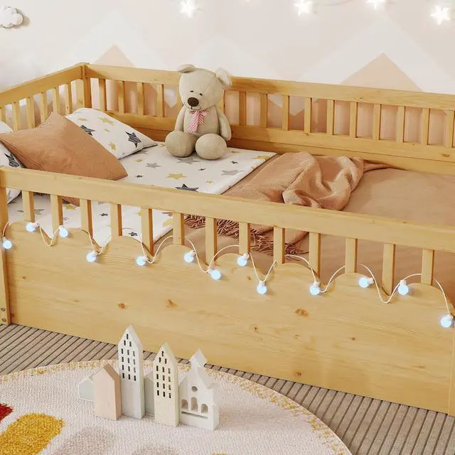 Alt view image 3 of 7 - Full Floor Bed with High Rails, Wood Montessori Bed Frame with Storage Shelf and Light, No Box Spring Needed, Easy Assembly, Natural
