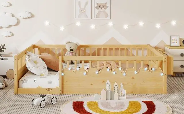 Alt view image 6 of 7 - Full Floor Bed with High Rails, Wood Montessori Bed Frame with Storage Shelf and Light, No Box Spring Needed, Easy Assembly, Natural