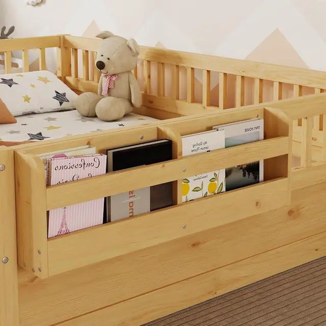 Alt view image 4 of 7 - Full Floor Bed with High Rails, Wood Montessori Bed Frame with Storage Shelf and Light, No Box Spring Needed, Easy Assembly, Natural