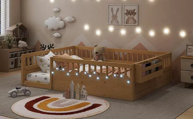 Alt view image 7 of 7 - Full Floor Bed with High Rails, Wood Montessori Bed Frame with Storage Shelf and Light, No Box Spring Needed, Easy Assembly, Natural