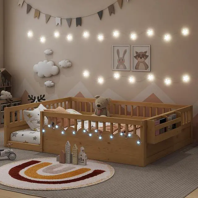 Alt view image 5 of 7 - Full Floor Bed with High Rails, Wood Montessori Bed Frame with Storage Shelf and Light, No Box Spring Needed, Easy Assembly, Natural