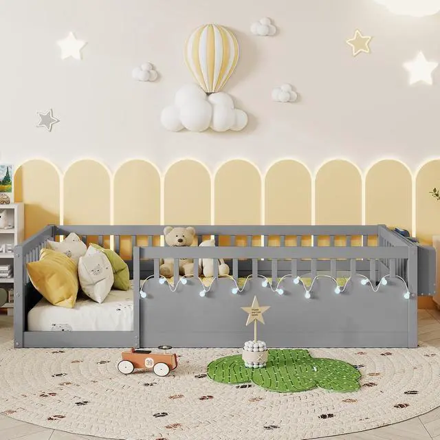 Alt view image 2 of 7 - Twin Floor Bed with High Rails, Wood Montessori Bed Frame with Storage Shelf and Light, No Box Spring Needed, Easy Assembly, Grey