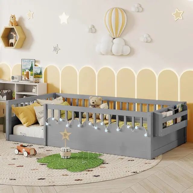 Alt view image 3 of 7 - Twin Floor Bed with High Rails, Wood Montessori Bed Frame with Storage Shelf and Light, No Box Spring Needed, Easy Assembly, Grey