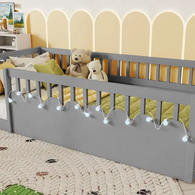 Alt view image 4 of 7 - Twin Floor Bed with High Rails, Wood Montessori Bed Frame with Storage Shelf and Light, No Box Spring Needed, Easy Assembly, Grey