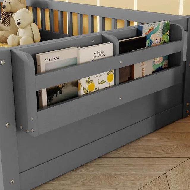 Alt view image 5 of 7 - Twin Floor Bed with High Rails, Wood Montessori Bed Frame with Storage Shelf and Light, No Box Spring Needed, Easy Assembly, Grey