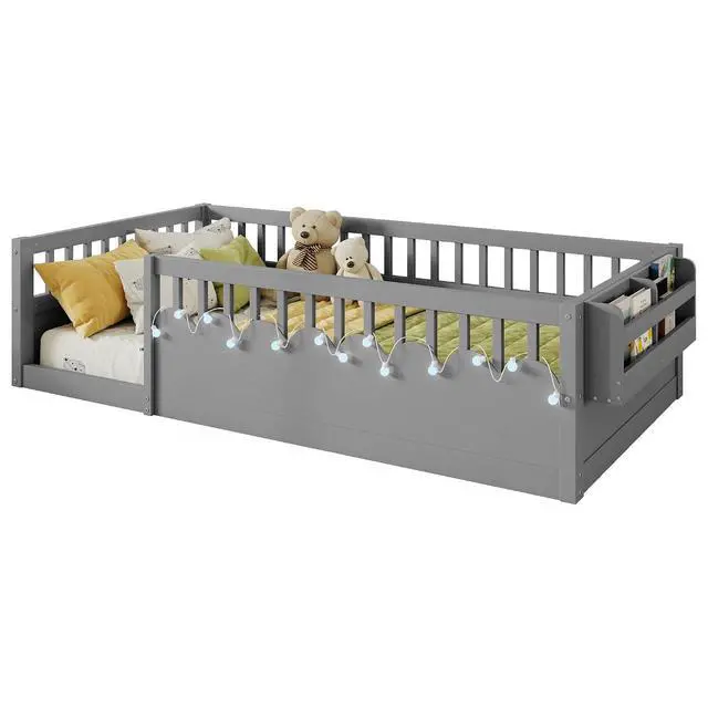 Alt view image 6 of 7 - Twin Floor Bed with High Rails, Wood Montessori Bed Frame with Storage Shelf and Light, No Box Spring Needed, Easy Assembly, Grey