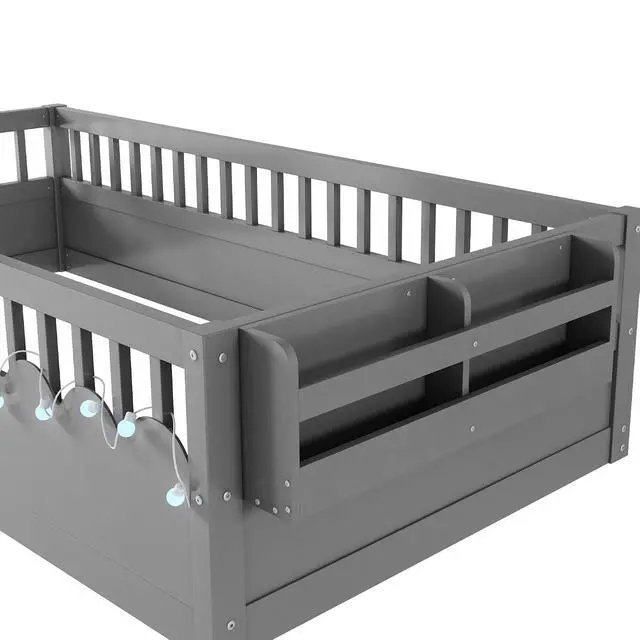 Alt view image 7 of 7 - Twin Floor Bed with High Rails, Wood Montessori Bed Frame with Storage Shelf and Light, No Box Spring Needed, Easy Assembly, Grey