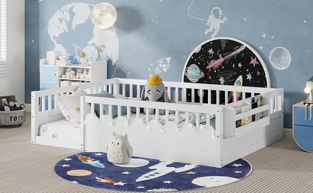 Alt view image 6 of 7 - Full Floor Bed with High Rails, Wood Montessori Bed Frame with Storage Shelf and Light, No Box Spring Needed, Easy Assembly, White