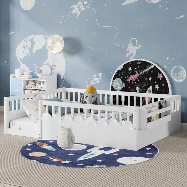 Main image of Full Floor Bed with High Rails, Wood Montessori Bed Frame with Storage Shelf and Light, No Box Spring Needed, Easy Assembly, White