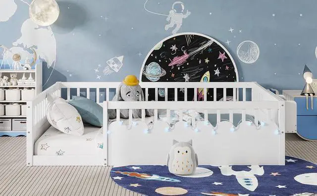 Alt view image 7 of 7 - Full Floor Bed with High Rails, Wood Montessori Bed Frame with Storage Shelf and Light, No Box Spring Needed, Easy Assembly, White