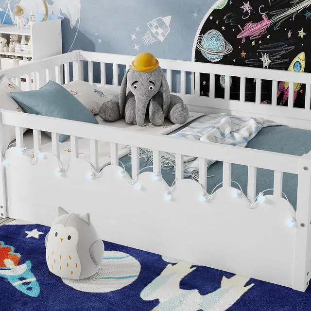 Alt view image 2 of 7 - Full Floor Bed with High Rails, Wood Montessori Bed Frame with Storage Shelf and Light, No Box Spring Needed, Easy Assembly, White