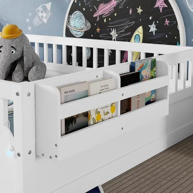Alt view image 3 of 7 - Full Floor Bed with High Rails, Wood Montessori Bed Frame with Storage Shelf and Light, No Box Spring Needed, Easy Assembly, White
