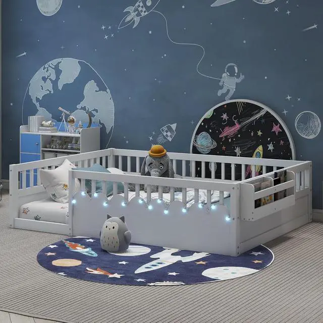Alt view image 5 of 7 - Full Floor Bed with High Rails, Wood Montessori Bed Frame with Storage Shelf and Light, No Box Spring Needed, Easy Assembly, White
