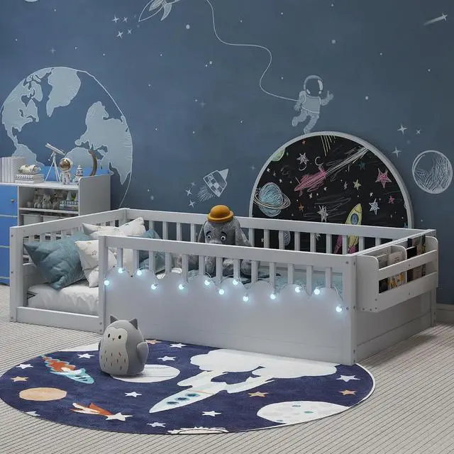 Main image of Twin Floor Bed with High Rails, Wood Montessori Bed Frame with Storage Shelf and Light, No Box Spring Needed, Easy Assembly, White