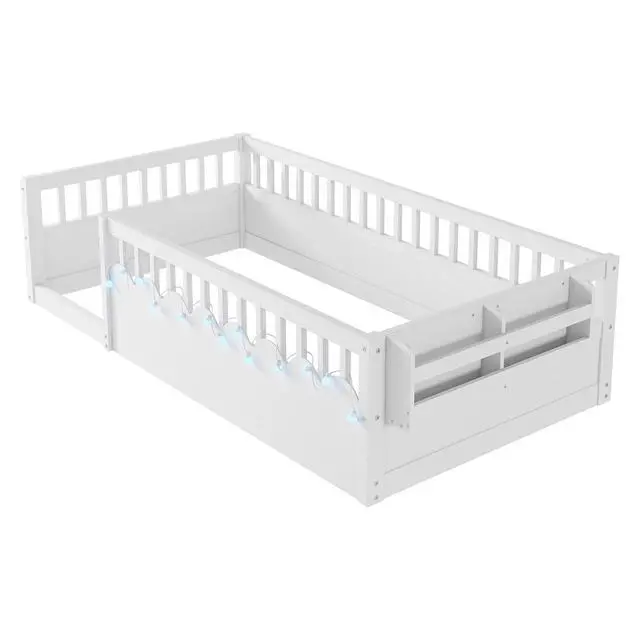 Alt view image 6 of 7 - Twin Floor Bed with High Rails, Wood Montessori Bed Frame with Storage Shelf and Light, No Box Spring Needed, Easy Assembly, White