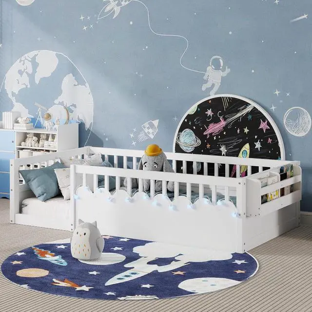 Alt view image 2 of 7 - Twin Floor Bed with High Rails, Wood Montessori Bed Frame with Storage Shelf and Light, No Box Spring Needed, Easy Assembly, White