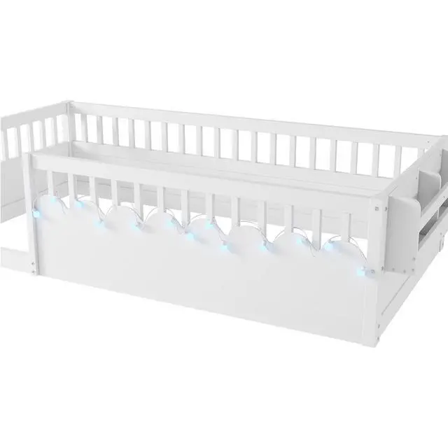 Alt view image 7 of 7 - Twin Floor Bed with High Rails, Wood Montessori Bed Frame with Storage Shelf and Light, No Box Spring Needed, Easy Assembly, White