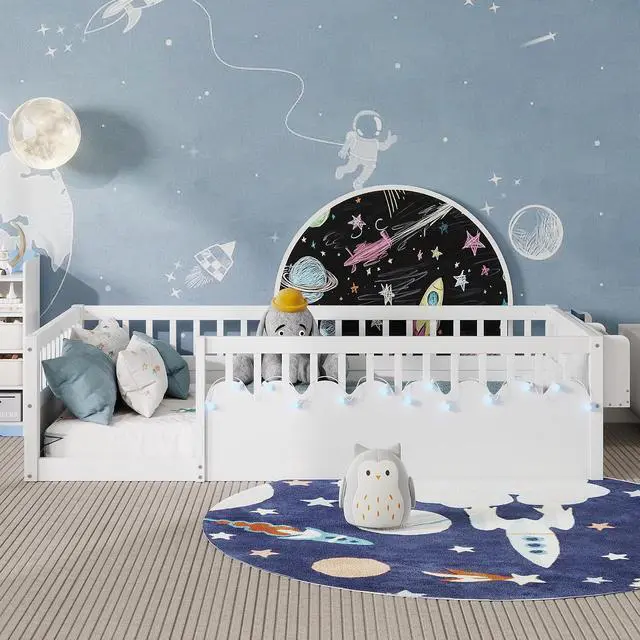 Alt view image 3 of 7 - Twin Floor Bed with High Rails, Wood Montessori Bed Frame with Storage Shelf and Light, No Box Spring Needed, Easy Assembly, White