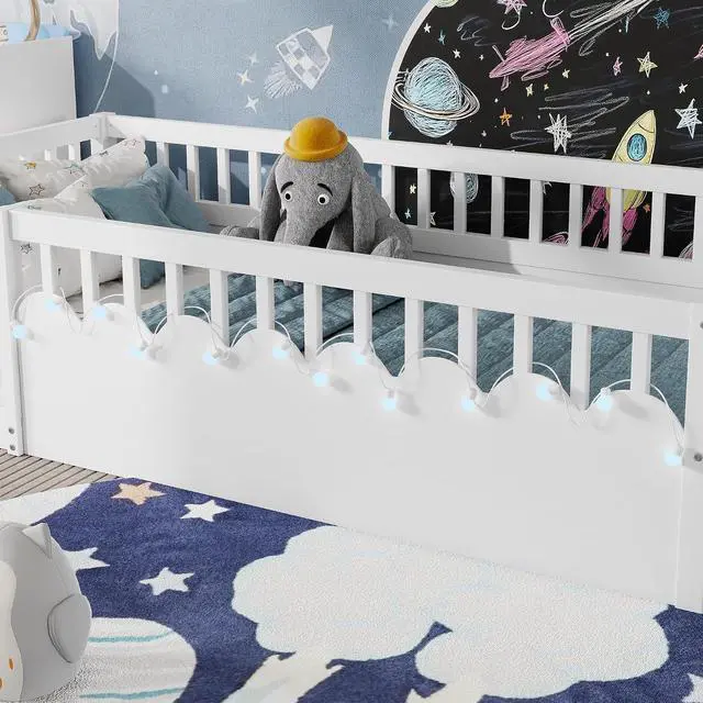Alt view image 4 of 7 - Twin Floor Bed with High Rails, Wood Montessori Bed Frame with Storage Shelf and Light, No Box Spring Needed, Easy Assembly, White