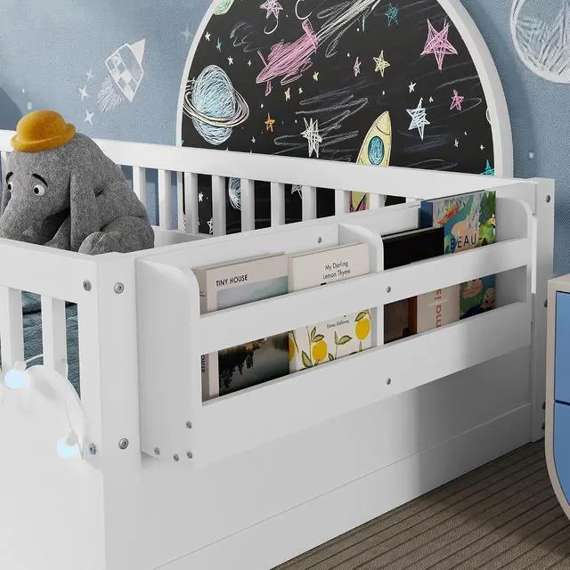 Alt view image 5 of 7 - Twin Floor Bed with High Rails, Wood Montessori Bed Frame with Storage Shelf and Light, No Box Spring Needed, Easy Assembly, White