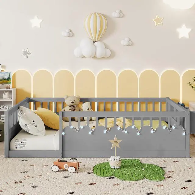 Alt view image 2 of 7 - Full Floor Bed with High Rails, Wood Montessori Bed Frame with Storage Shelf and Light, No Box Spring Needed, Easy Assembly, Grey