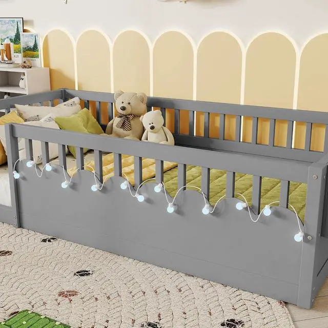 Alt view image 3 of 7 - Full Floor Bed with High Rails, Wood Montessori Bed Frame with Storage Shelf and Light, No Box Spring Needed, Easy Assembly, Grey