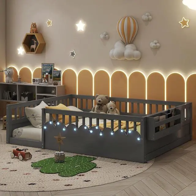 Alt view image 4 of 7 - Full Floor Bed with High Rails, Wood Montessori Bed Frame with Storage Shelf and Light, No Box Spring Needed, Easy Assembly, Grey