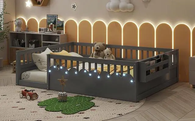 Alt view image 6 of 7 - Full Floor Bed with High Rails, Wood Montessori Bed Frame with Storage Shelf and Light, No Box Spring Needed, Easy Assembly, Grey