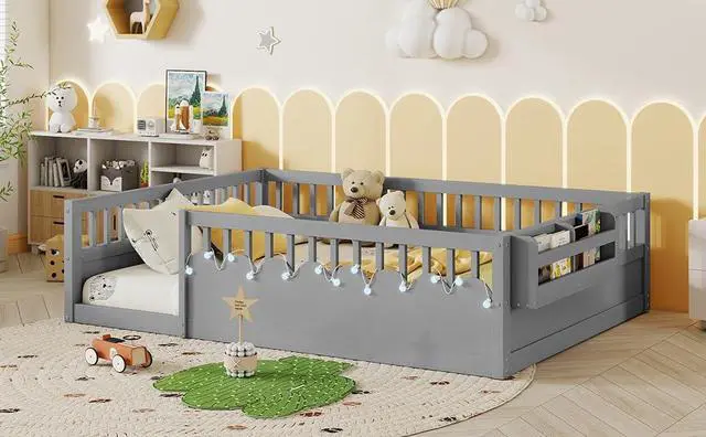 Alt view image 7 of 7 - Full Floor Bed with High Rails, Wood Montessori Bed Frame with Storage Shelf and Light, No Box Spring Needed, Easy Assembly, Grey