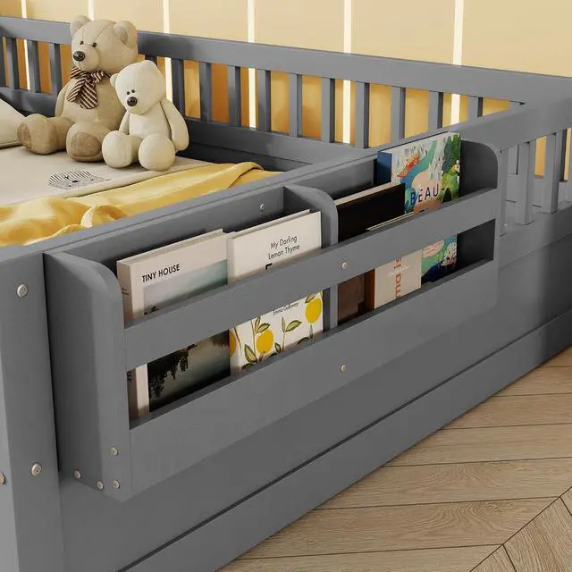 Alt view image 5 of 7 - Full Floor Bed with High Rails, Wood Montessori Bed Frame with Storage Shelf and Light, No Box Spring Needed, Easy Assembly, Grey