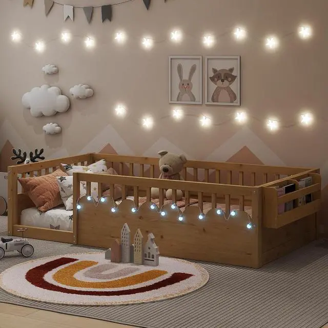 Main image of Twin Floor Bed with High Rails, Wood Montessori Bed Frame with Storage Shelf and Light, No Box Spring Needed, Easy Assembly, Natural