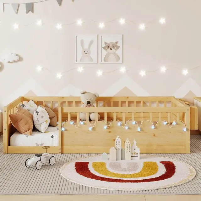 Alt view image 3 of 7 - Twin Floor Bed with High Rails, Wood Montessori Bed Frame with Storage Shelf and Light, No Box Spring Needed, Easy Assembly, Natural