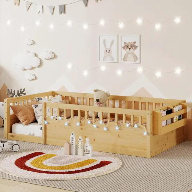 Alt view image 2 of 7 - Twin Floor Bed with High Rails, Wood Montessori Bed Frame with Storage Shelf and Light, No Box Spring Needed, Easy Assembly, Natural