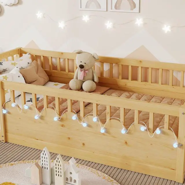 Alt view image 4 of 7 - Twin Floor Bed with High Rails, Wood Montessori Bed Frame with Storage Shelf and Light, No Box Spring Needed, Easy Assembly, Natural