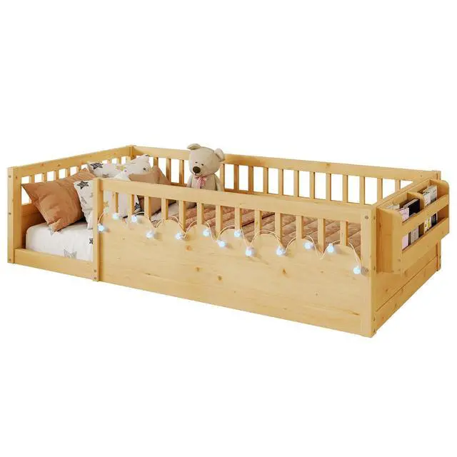 Alt view image 6 of 7 - Twin Floor Bed with High Rails, Wood Montessori Bed Frame with Storage Shelf and Light, No Box Spring Needed, Easy Assembly, Natural