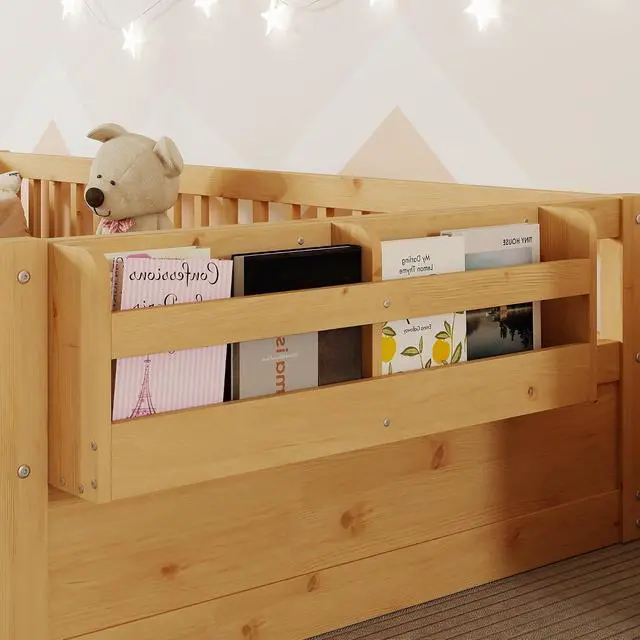 Alt view image 5 of 7 - Twin Floor Bed with High Rails, Wood Montessori Bed Frame with Storage Shelf and Light, No Box Spring Needed, Easy Assembly, Natural