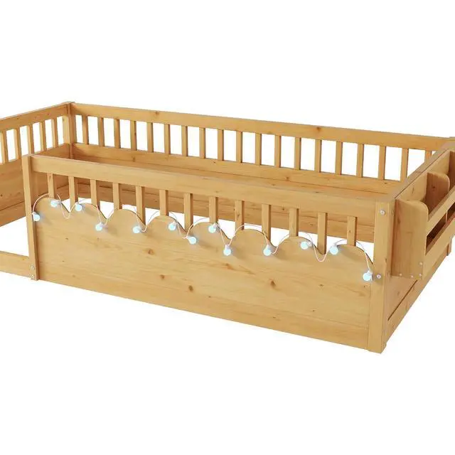 Alt view image 7 of 7 - Twin Floor Bed with High Rails, Wood Montessori Bed Frame with Storage Shelf and Light, No Box Spring Needed, Easy Assembly, Natural