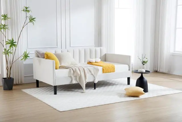 Alt view image 3 of 7 - Twin Size Upholstered Daybed with Storage,Boucle Daybed Frame with Ribbed Tufted Backrest,Modern Comfy Corner Bed for Adults,Living Room,Home Office,Guest Bedroom